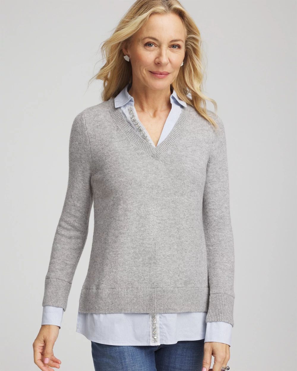 Sequin Built-In Shirt Knit Sweater | Chico's